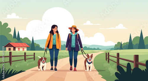 Two women walking their dogs on a sunny day through a scenic rural landscape