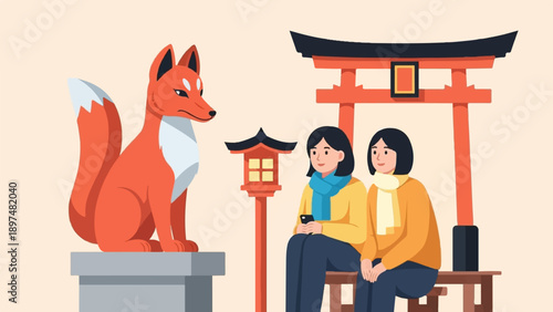 Two young women with scarves sit near a fox statue and shrine gate