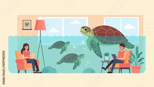 Underwater room with people and turtles