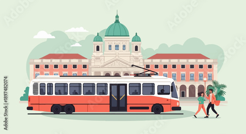 Urban scene with tram, people, and classic building