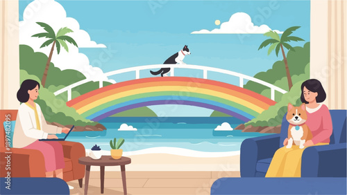 Two women relax indoors with pets, overlooking a tropical beach with a rainbow