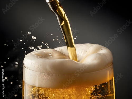 Beer being poured into a glass with foamy splash, dark moody background, high-speed photography, realistic lighting.