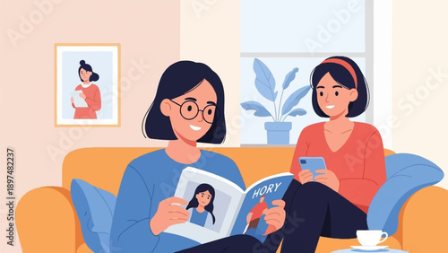 Two women relax on a sofa, reading and using their phones