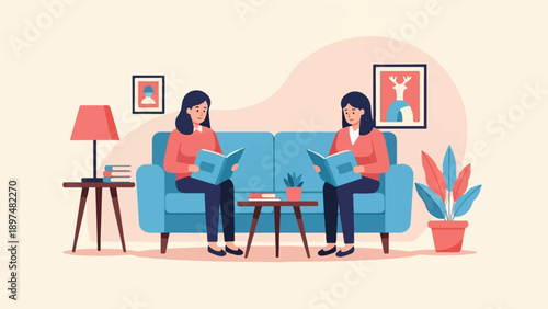 Two women relax on a sofa, reading books in a cozy room