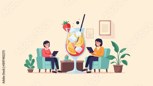 Two women relax on chairs using tablets with large drink nearby