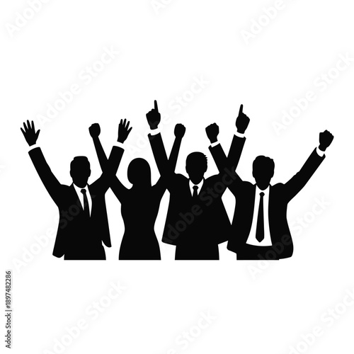 Diverse group of people celebrating success with raised hands and fists isolated on white background, Vector, illustration