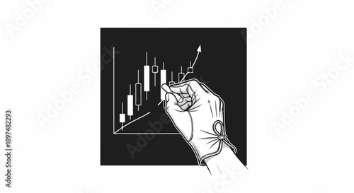 Hand in glove drawing upward trend graph on black board