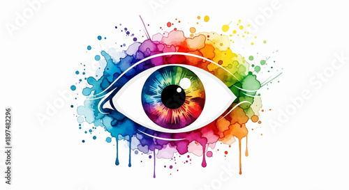 Abstract eye with rainbow watercolor splashes and drips
