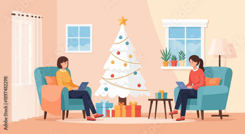 Two women relax on armchairs using laptops near a decorated Christmas tree