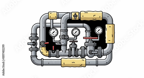 Complex industrial piping system with gauges and valves