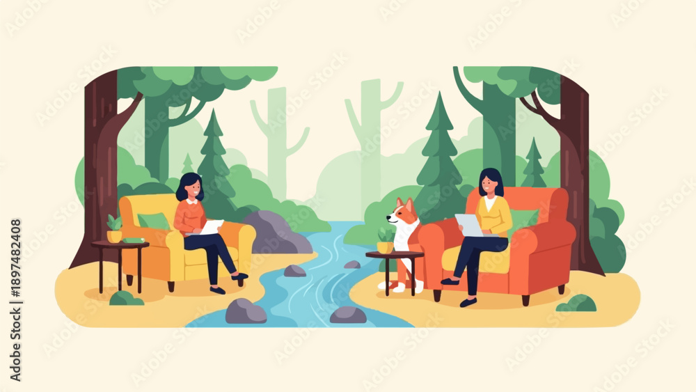 Fototapeta premium Two women with a dog relax by a stream in a forest