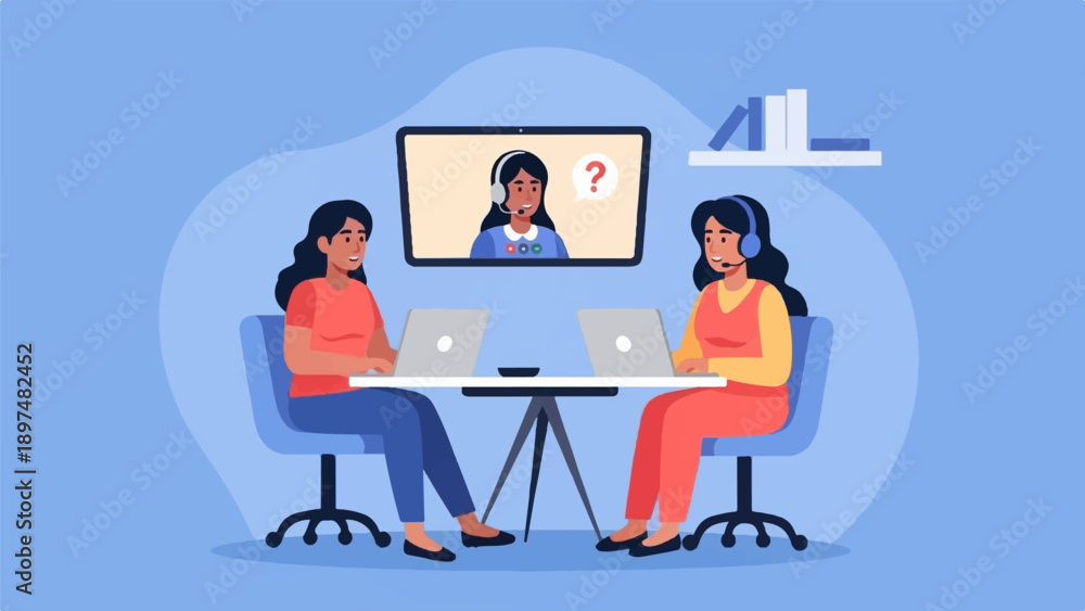 Fototapeta premium Two women with headsets interact on laptops, with a third on a screen