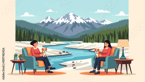 Two women with dogs relax in cozy chairs overlooking a serene mountain landscape