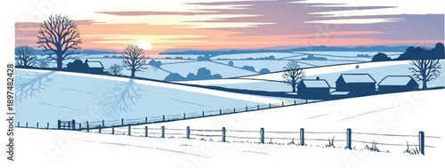 A pixelated winter sunrise illuminates rolling snow-covered hills and bare trees