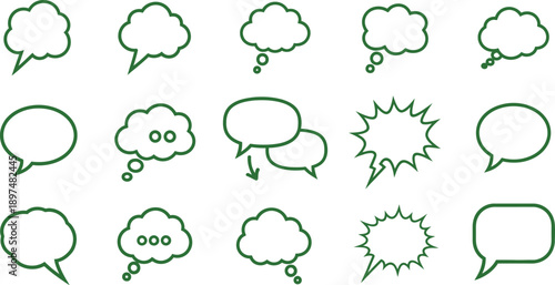Collection of various green comic speech bubbles on white background for dialogue and conversation illustration