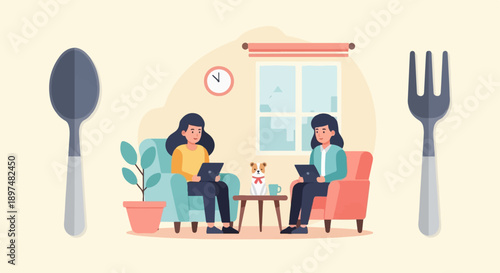 Two women with laptops and a dog in a cozy room, with cutlery flanking