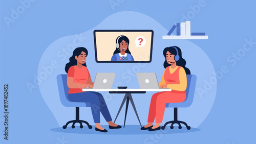 Two women with headsets interact on laptops, with a third on a screen