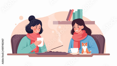 Two women with scarves enjoy warm drinks and a small dog nearby