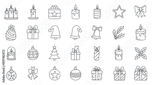 Christmas Icons Set: Candles, Gifts, Stars, Bells, Ornaments, Santa Hats