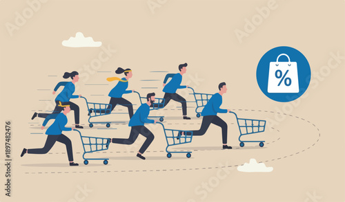 High demand products, sale season e-commerce to discount website marketing campaign drawing customers buy product concept, consumer people shopping cart compete running race tracks.