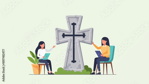 Two women with laptops sit by a grave marker, one near a plant, other on a chair