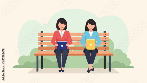 Two women with laptops sitting on a park bench