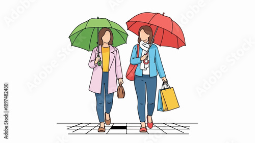 Two women with umbrellas walk on a tiled surface carrying bags