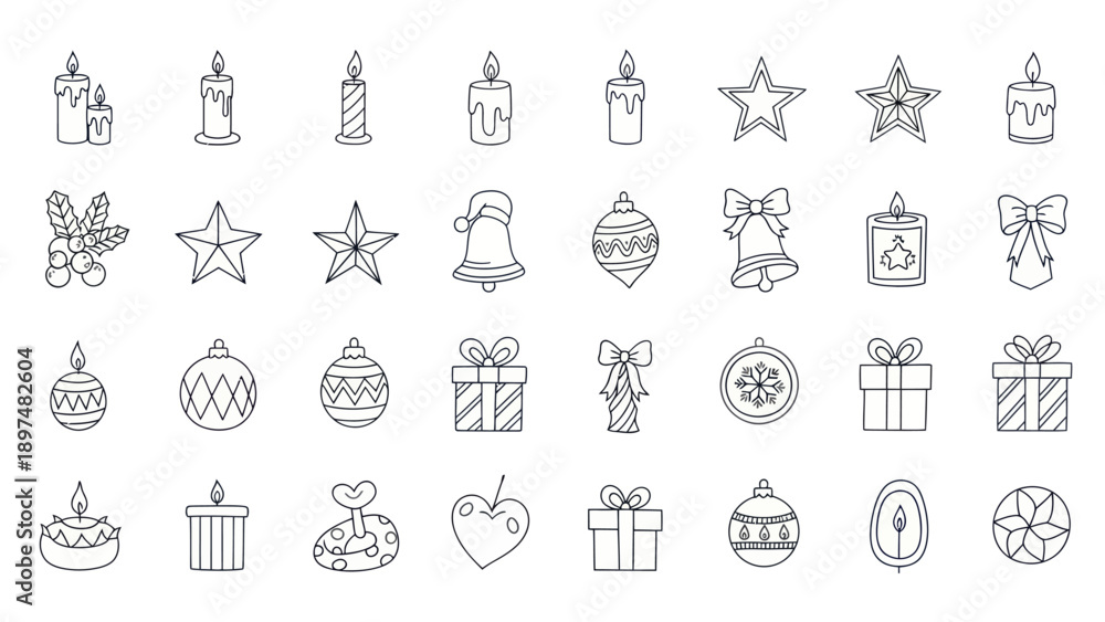 Fototapeta premium Christmas Icons Set: Hand-drawn festive elements including candles, stars, ornaments, gifts, bells, and more.