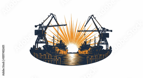 Two ships in a harbor with cranes and sunrise