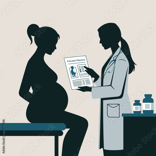 Doctor and pregnant woman discussing medical information and treatment options isolated on white background, Vector, illustration