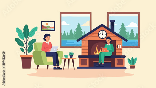 Two women work on laptops by a cozy fireplace with a scenic window view