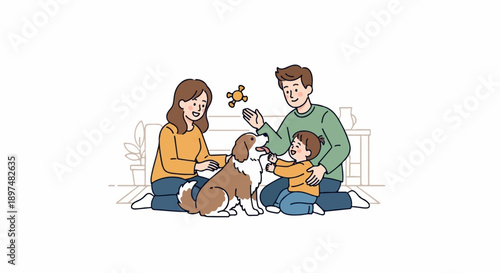 A happy family and their dog enjoying playtime indoors