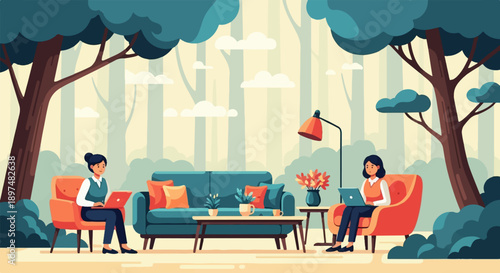 Two women work on laptops in a cozy room surrounded by nature