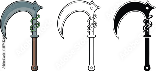 Sickle silhouette & Outline and illustration set isolated on transparent background