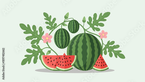Vibrant watermelon vines with pink blossoms and sliced fruit