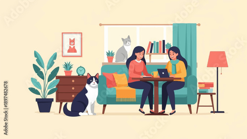Two women work on laptops in a cozy room with pets and plants