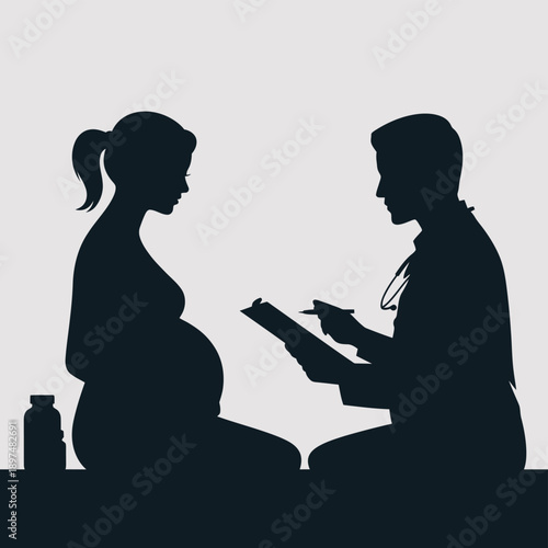 Pregnant woman consulting with a doctor about her health and baby's development. isolated on white background, Vector, illustration