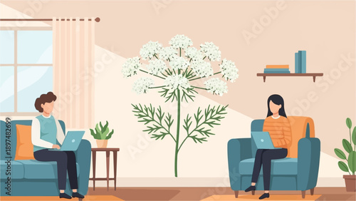 Two women work on laptops in a cozy room with plants and a large flower