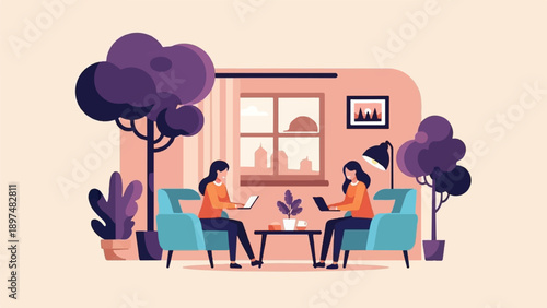 Two women work on laptops in comfortable chairs in a stylish room