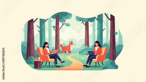 Two women work on laptops in an outdoor woodland setting with a dog