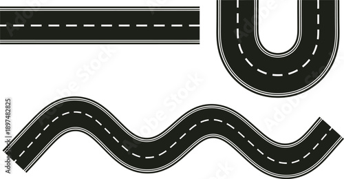 Three black road designs on white background straight u turn and wavy roads with dashed white lines for navigation and planning