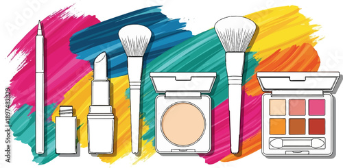 A vibrant abstract background showcases an array of makeup tools and products in outline