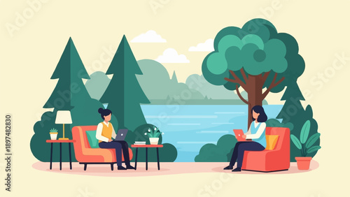 Two women work on laptops in comfortable chairs outdoors by a lake