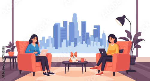 Two women work on laptops in comfortable chairs, with a city skyline view