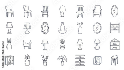 Collection of hand-drawn furniture and home decor icons. Vector illustration.