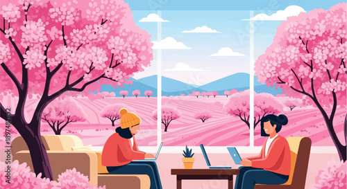 Two women work on laptops indoors with blooming cherry trees visible outside