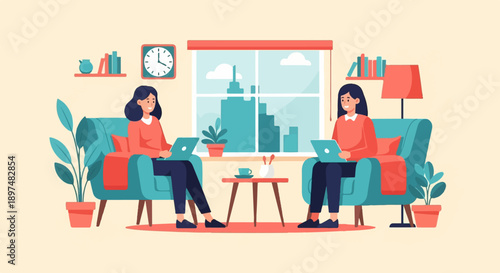 Two women work on laptops in cozy armchairs, city view