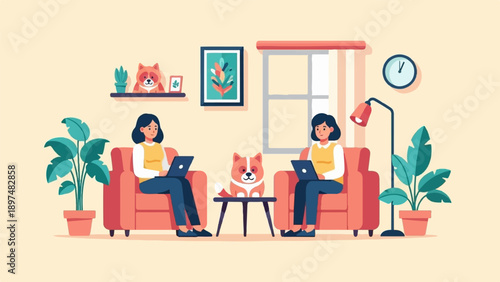 Two women work on laptops in cozy chairs, with a dog and plants in the room