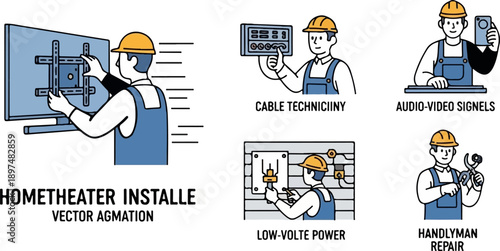 Workers in protective gear perform various technical and repair tasks, including TV mounting and electrical work