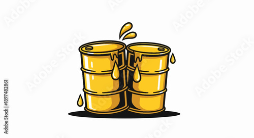 Two dripping yellow barrels with black outlines on a white background